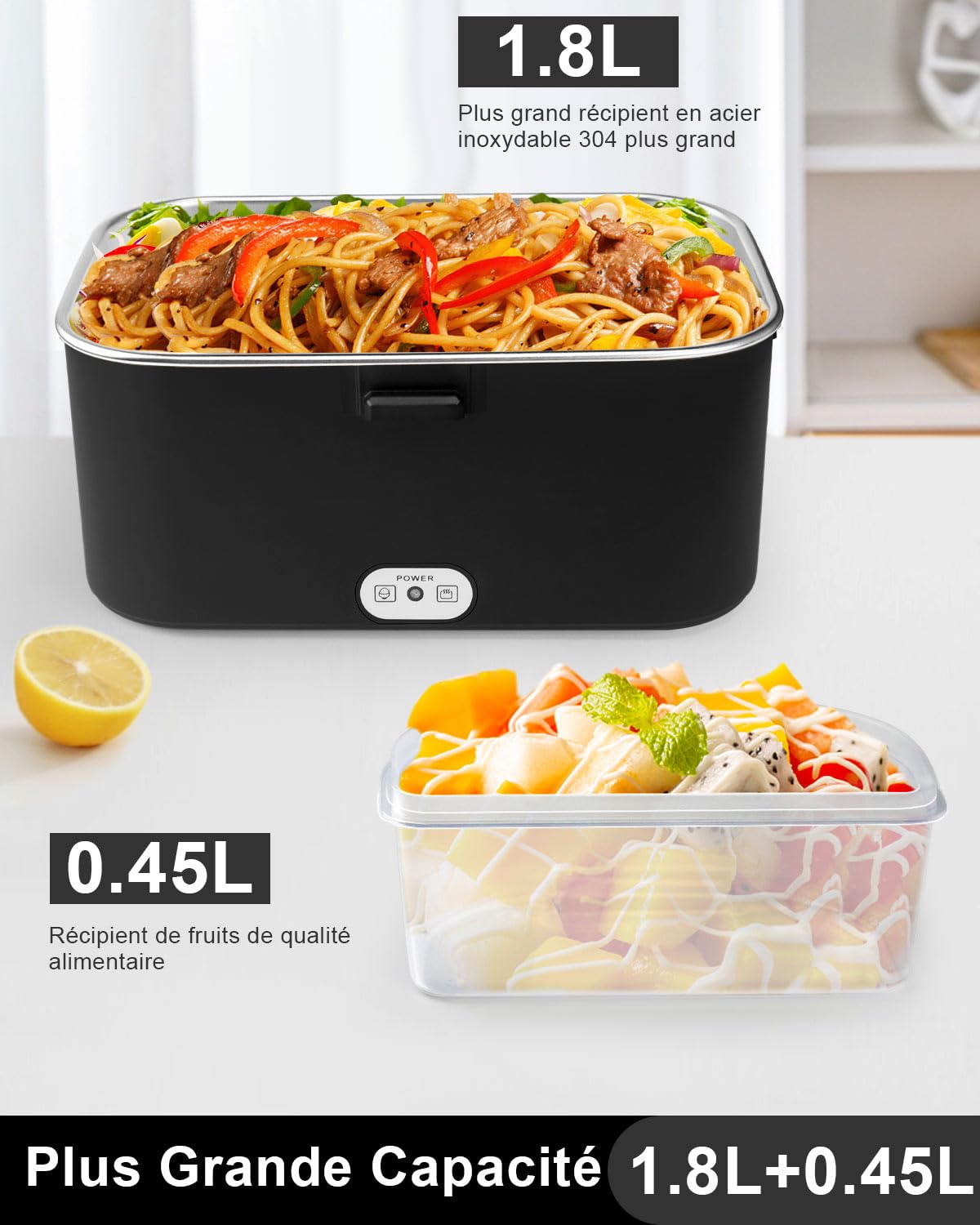 AUTOPkio Gamelle Chauffante 1,8L 80W, 12V 24V 220V Boîte à Lunch Electrique avec Sac Acier Inox Fourchette Cuillère pour Voiture Camion Bureau (Noir)