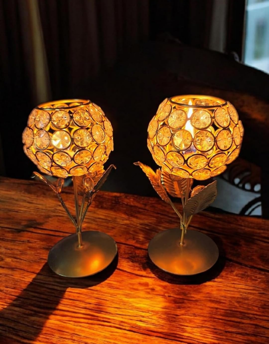 Crystal Tealight Candle Holder with Metal Stand, Gold Decorative Votive for Home Wedding Diwali Decoration, 2 Pack