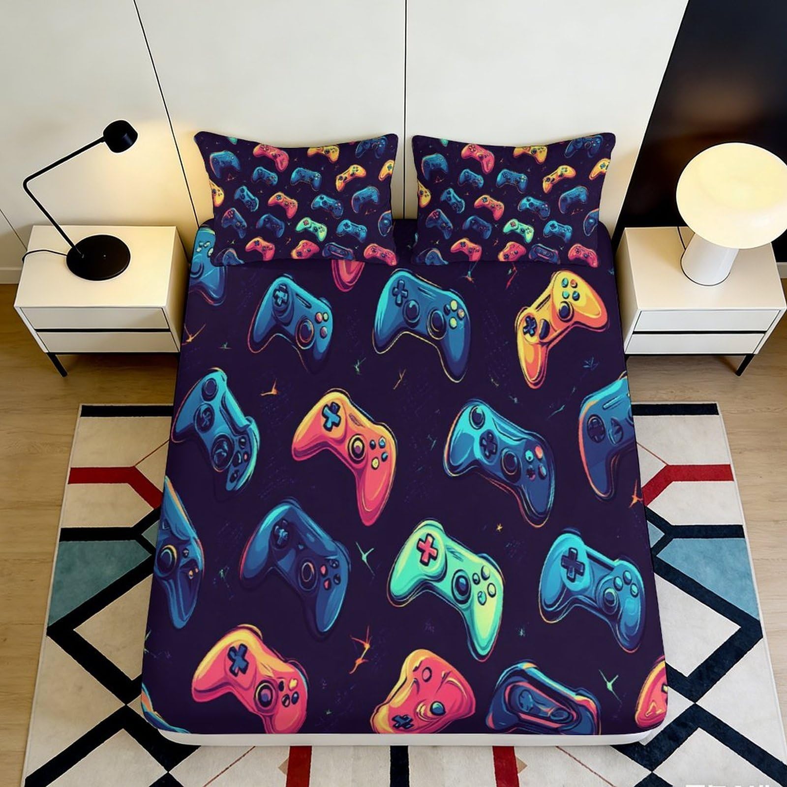 Dhbaneiok Style-1 3D Printed Colorful Gamepad Fitted Sheet Microfiber Soft Breathable Neon Controller Mattress Cover For Bedroom Dorm Decor 90X200x25cm