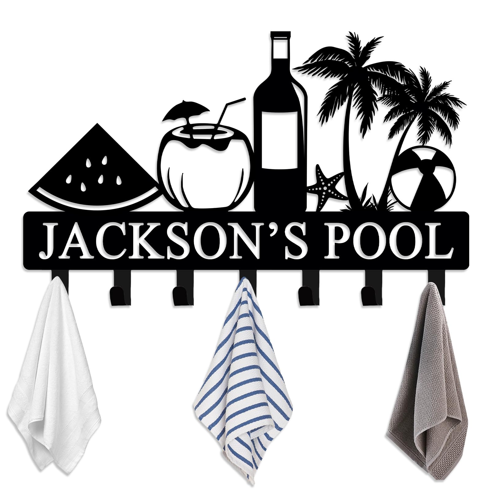 Personalized Pool Towel Rack Outdoor with Name Custom Pool Towel Hook Wall Mount Poolside Towel Holder Organizer Accessories for Robe Towel Coat Swimsuit Umbrella Bag