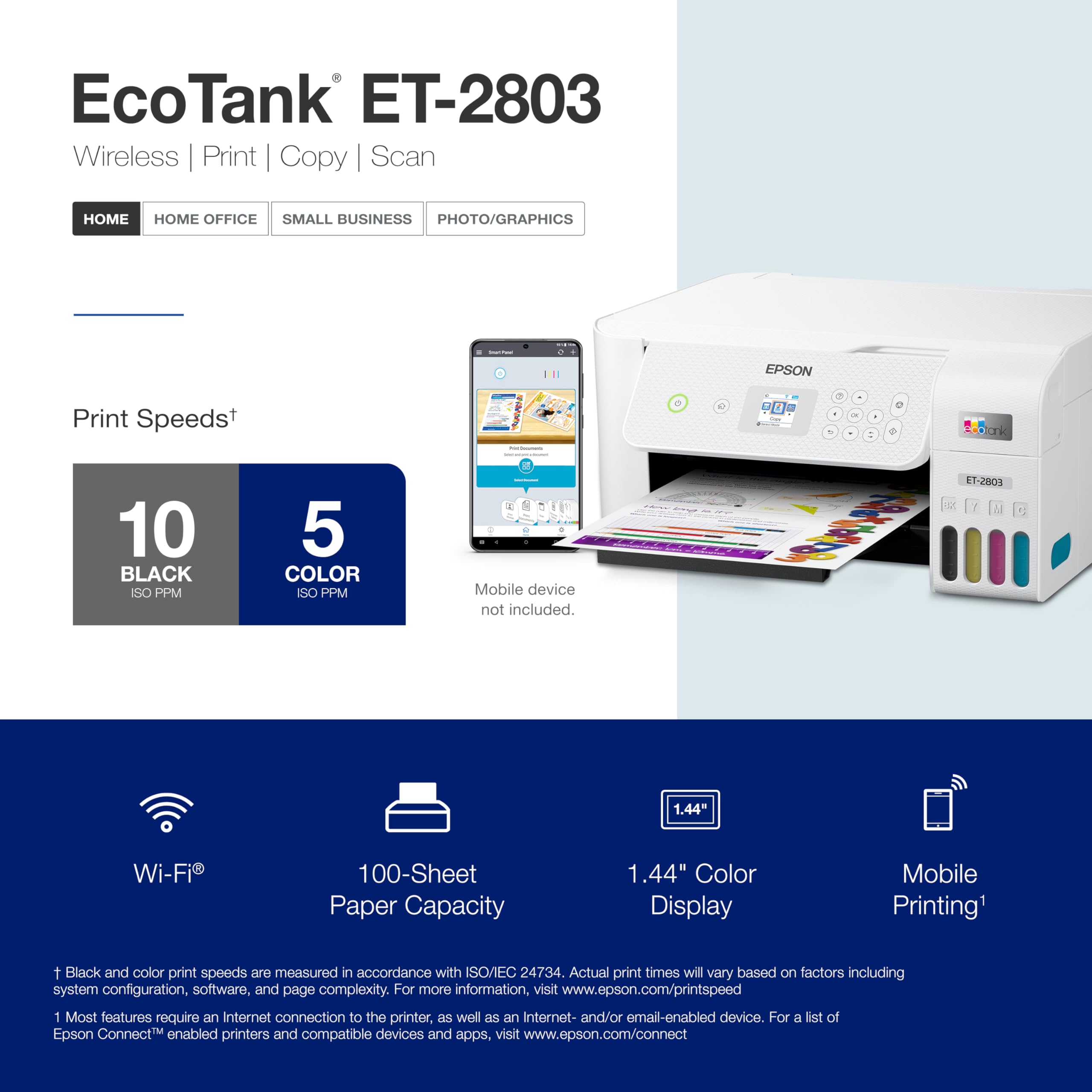 Epson EcoTank ET-2803 Wireless Color All-in-One Cartridge-Free Supertank Printer with Scan, Copy and AirPrint Support