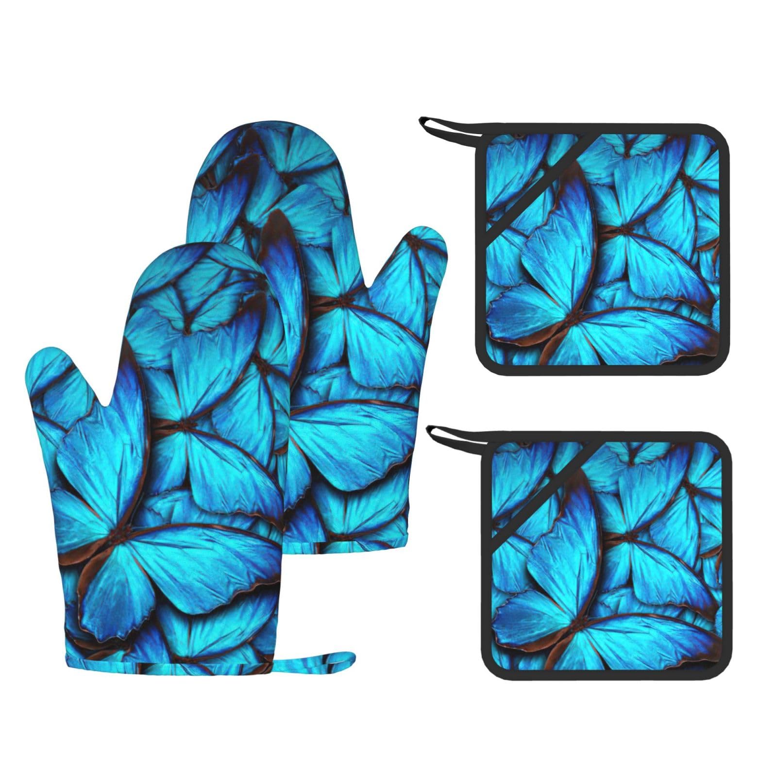 Nimongt Black Many Blue Butterfly Print Heat Resistant Gloves Pads Reusable Kitchen Set Oven Baking Grilling Cooking