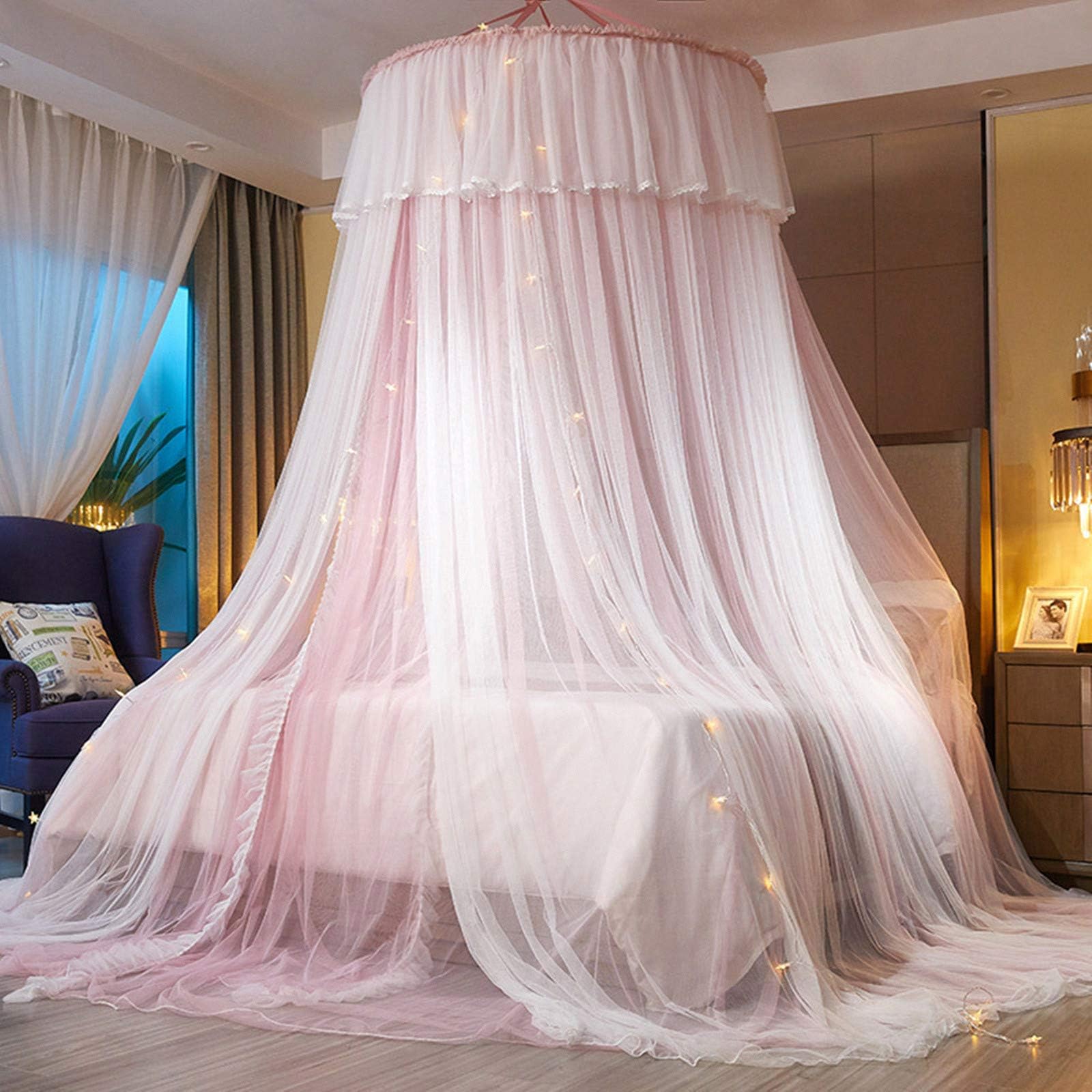 VARWANEO Princess Bed Canopy for Girls - Pink/White Double Layer Sheer Mesh Dome Bed Curtain with Mosquito Net for Twin, Full, Queen, King Beds