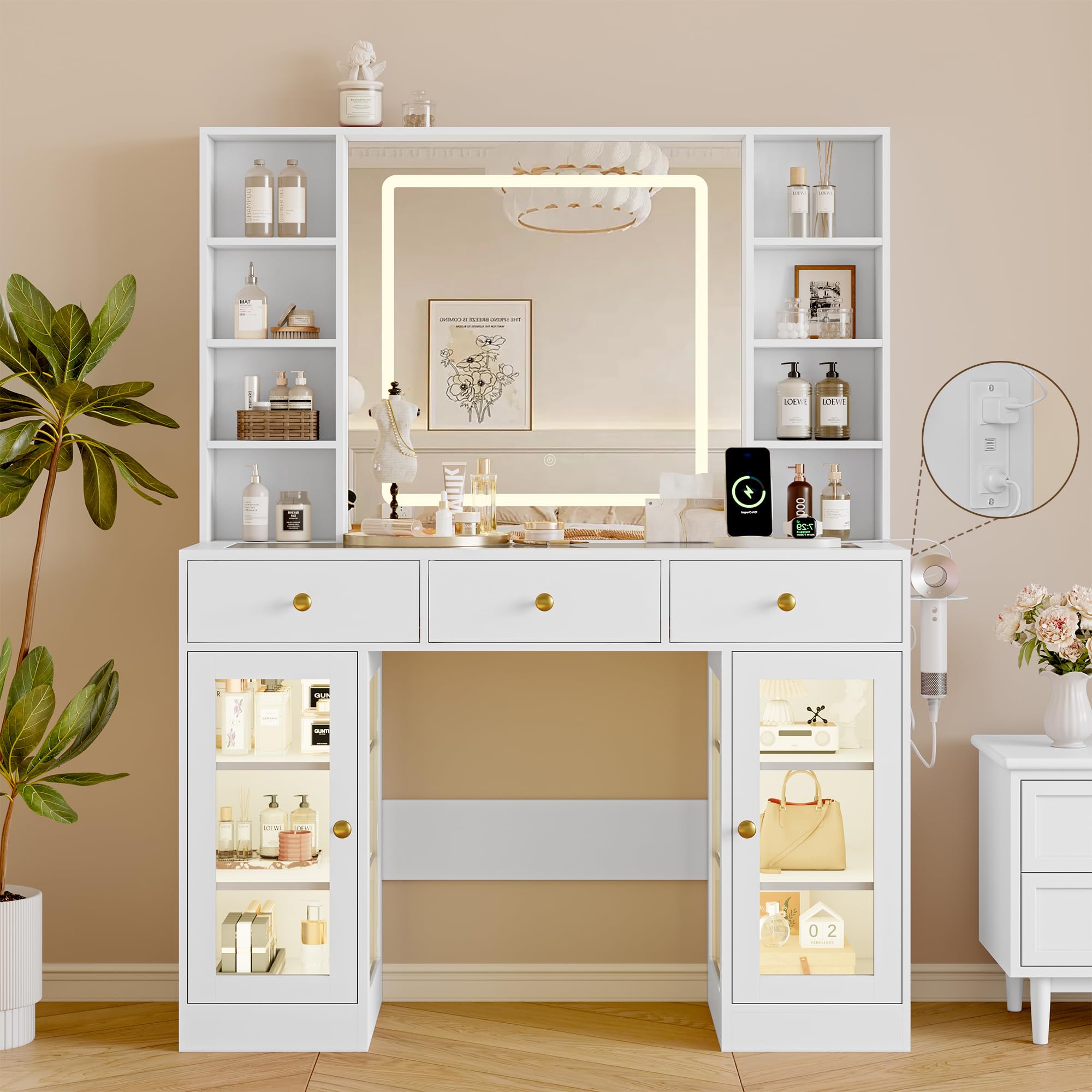 Makeup Vanity Desk with Mirror and Lights, 43" White Vanity with Glass Top, Jewelry Storage, 3 Drawers &amp; Glass Cabinets, Power Outlet &amp; Adjustable LED Lights, Dressing Table for Women &amp; Girls Bedroom