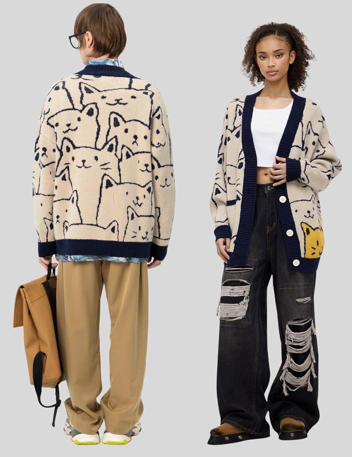 Vamtac Cat Cardigan Sweaters for Men Fall V-Neck Cardigans 2026 Oversized Button Long Sleeve Sweater - Image 3