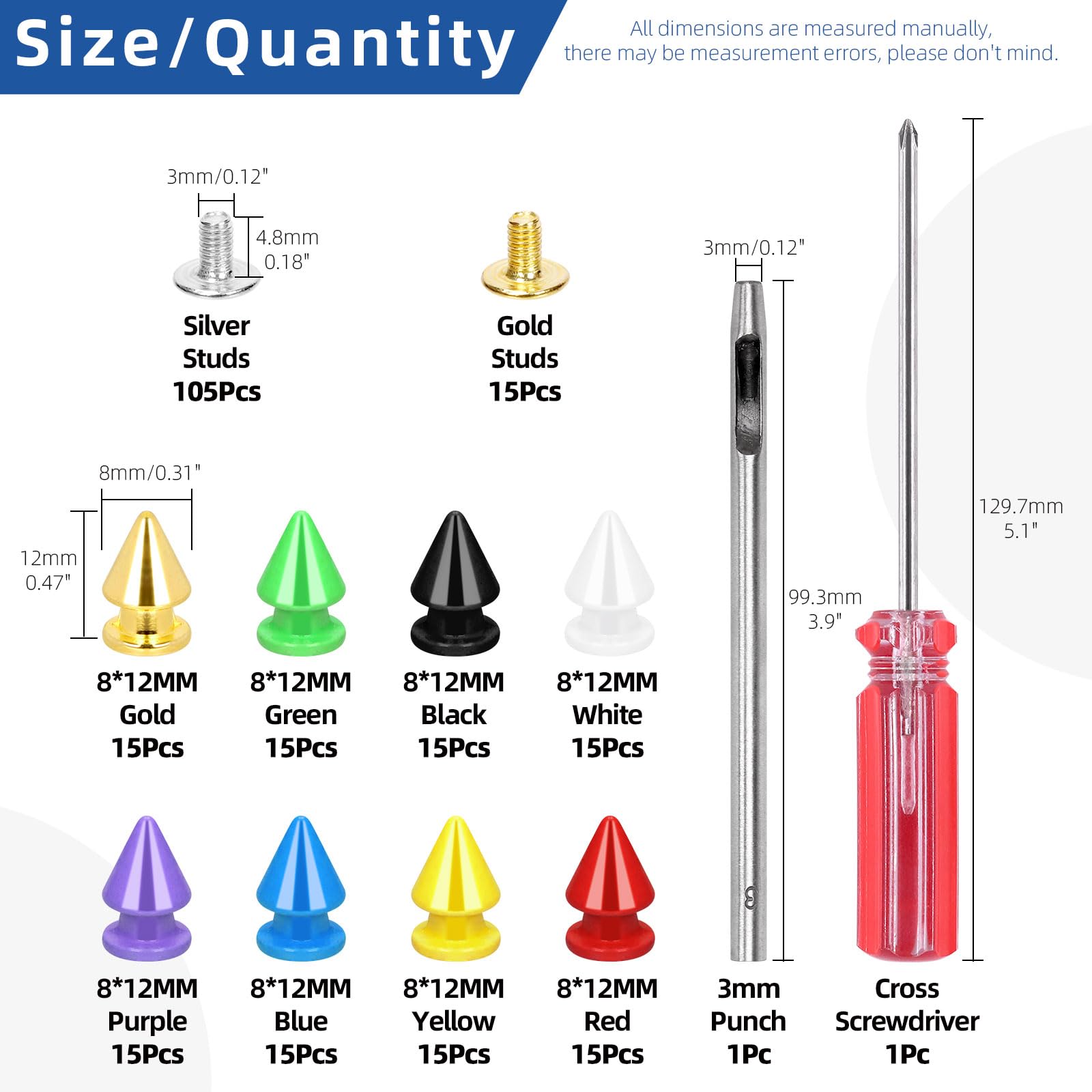 Glarks 120 Sets 8x12mm Metal Big Tree Spikes Studs Kit, 8 Colors Metallic Screw-Back Bullet Rivets for DIY Leather Craft - Image 2