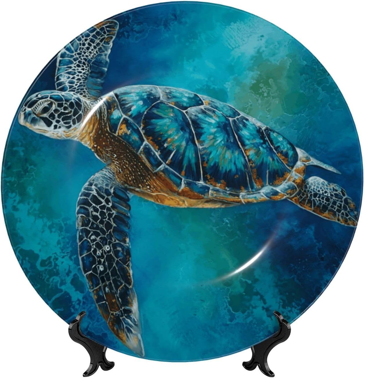 Decorative Plate 10in Bone China Dessert Plates with Display Stand Ceramic Ornament Ceramic Sea Turtle Blue Decorative Plates Art Crafts Porcelain Plate for Home Club Living Room