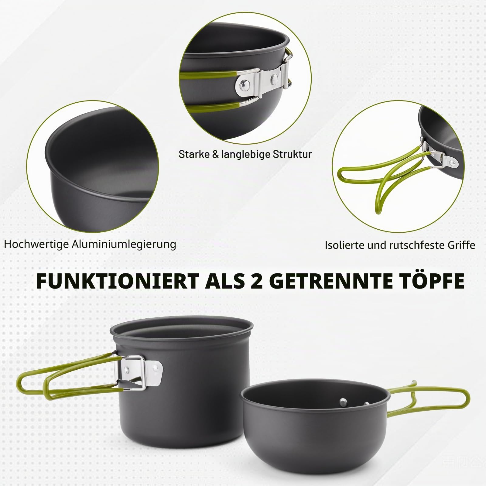 Outdoor Kochgeschirr Set Camping – 1,25 L Topf & 0,65 L Pfanne mit 0,3 L Edelstahlbecher – Leichtes, Robustes Trekking Kochset mit Besteck für Wandern, Backpacking, Picknick & Solo Camping