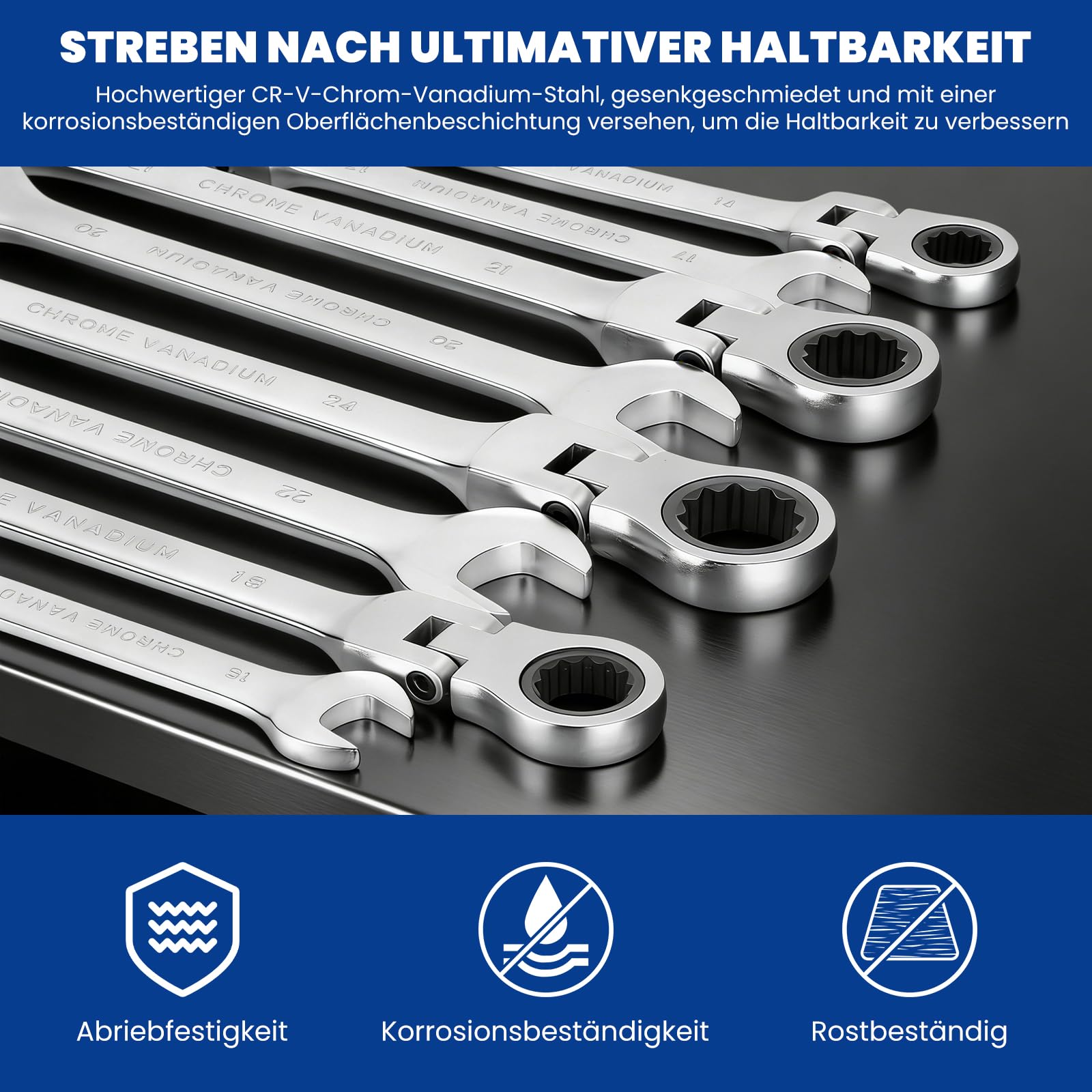 WALTER STAHL 22-tlg. Ratschenschlüsselset, flexible Ringmaulschlüssel | 6–32 mm mit Flexkopf und Ratsche, 72 Zähne, Cr-V-Stahl, für Auto- und Industriewartung