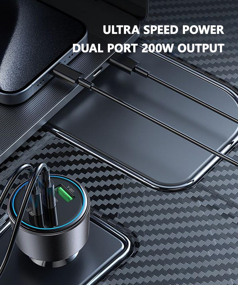 200W Car Charger, USB C Car Charger PD3.0 QC4.0 PPS Fast Charging Car Adapter with 2 100W USB C Cable 3 Port Type C Cigarette Lighter for Dell XPS, MacBook, iPhone 16 15 14, Galaxy S24 Ultra, iPad Pro