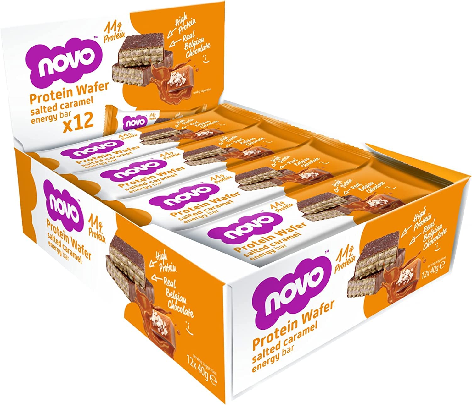 Novo Protein Wafer Energy Bar, 13g Protein, Real Belgian Chocolate - Salted Caramel, 40g (Pack of 12)