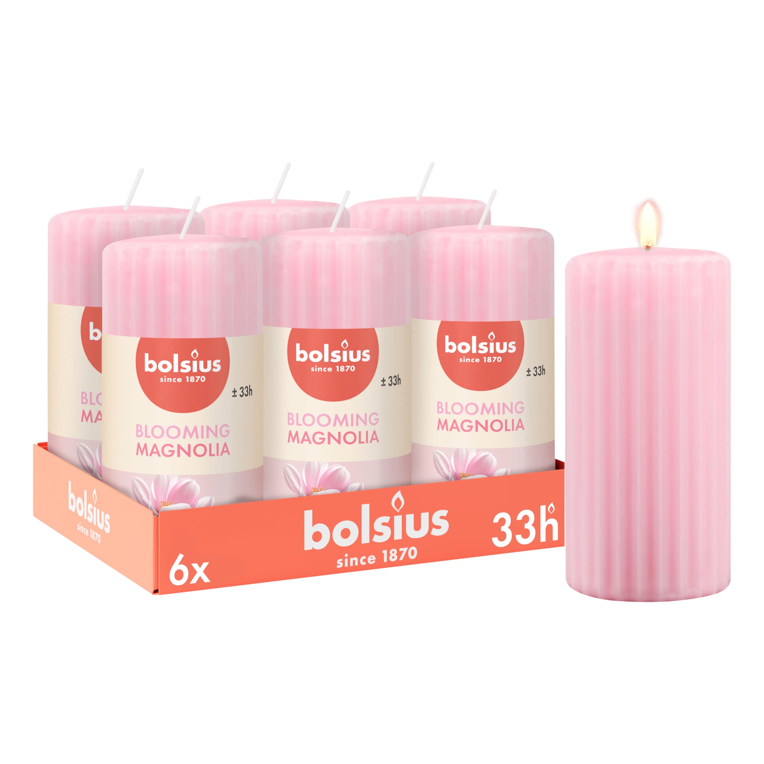 Bolsius Ribbed Pillar Magnolia 120/58 mm, Wax, Soft Pink, One Size