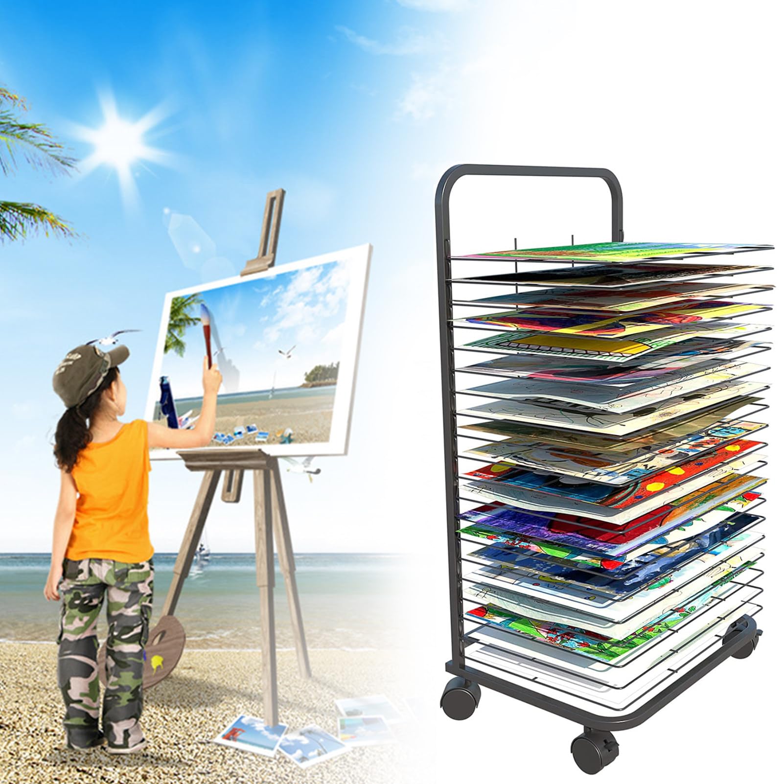Séchoir à peinture multi-niveaux compact pour ateliers d'art et écoles
