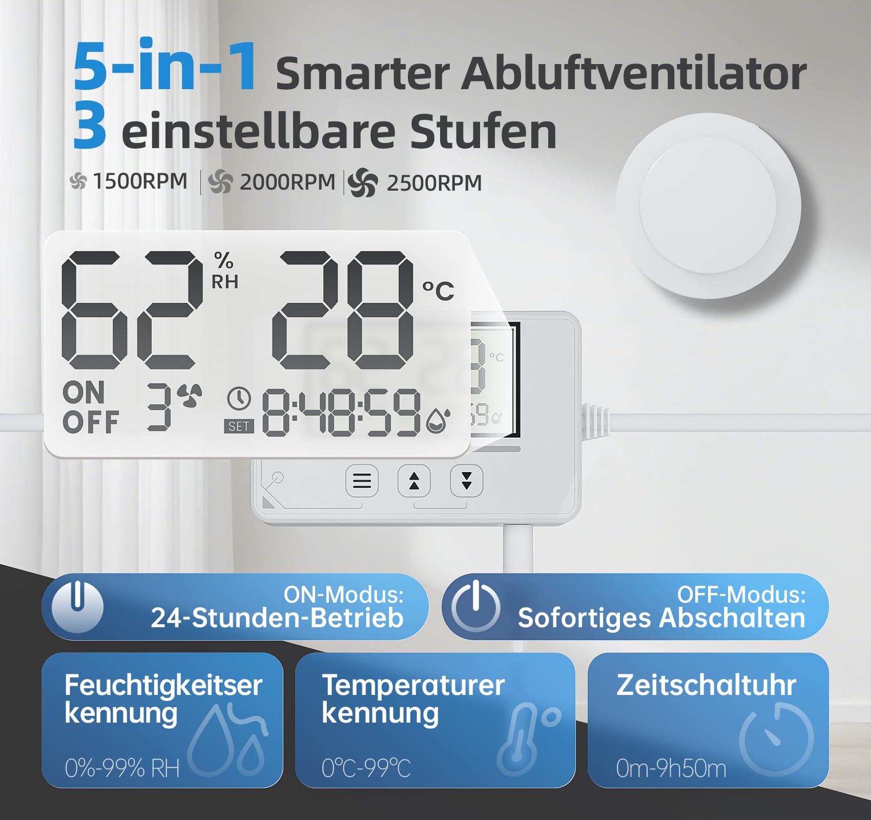 Badlüfter mit Feuchtigkeitssensor 100mm Fernbedienung Echtzeit Display 3 Stufen Timer leise Abluftventilator RU109