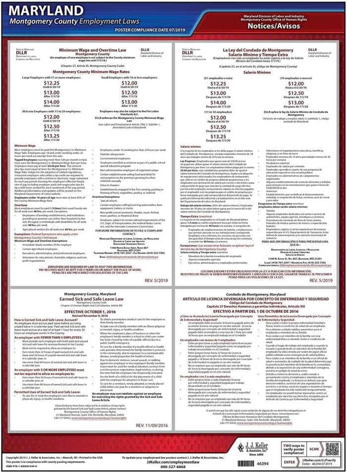 Maryland/Montgomery County Paid Sick Leave & Minimum Wage Poster - English & Spanish Laminated Labor Law Poster, J. J. Keller & Associates, Inc.