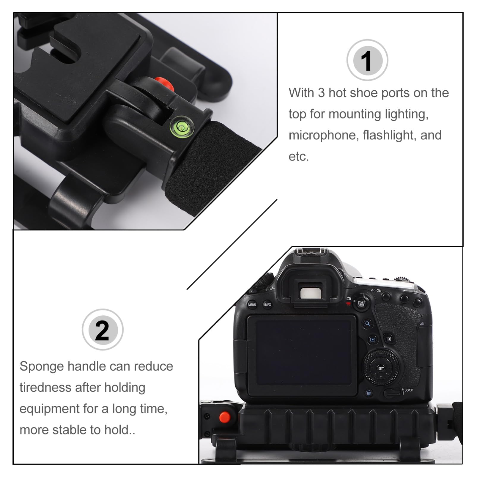Supporto Stabilizzatore Mano per Fotocamera DSLR e Smartphone 3 Attacchi Hot Shoe Nero in Plastico e Metallo Foro 1/4 Pollice
