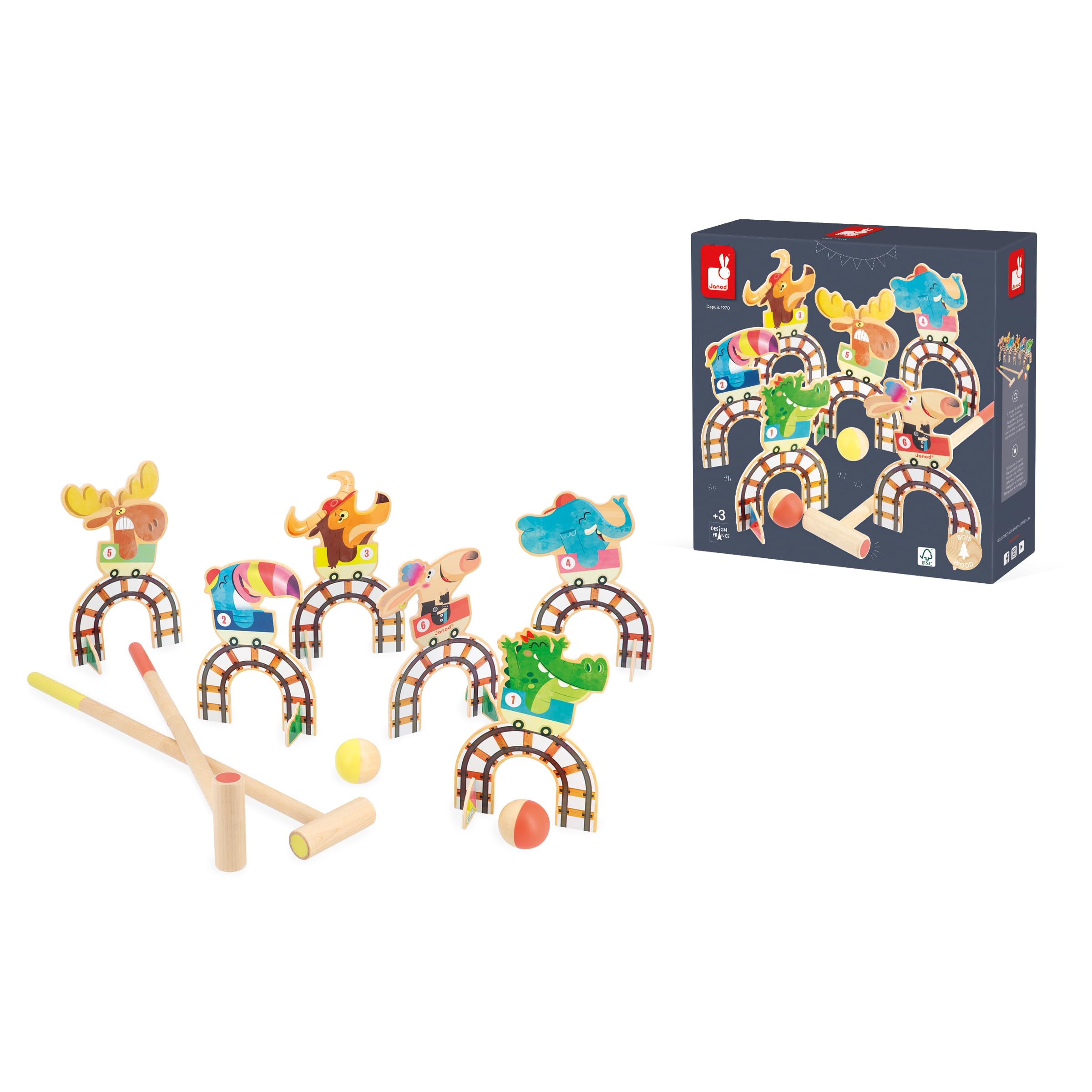 Janod - Jeu de Croquet Enfant Applepop - Jeu d'Adresse - 6 Portes + 2 Maillets + 2 Balles - Développe Dextérité et Concentration - Jouet en Bois FSC - Dès 3 Ans,J03353