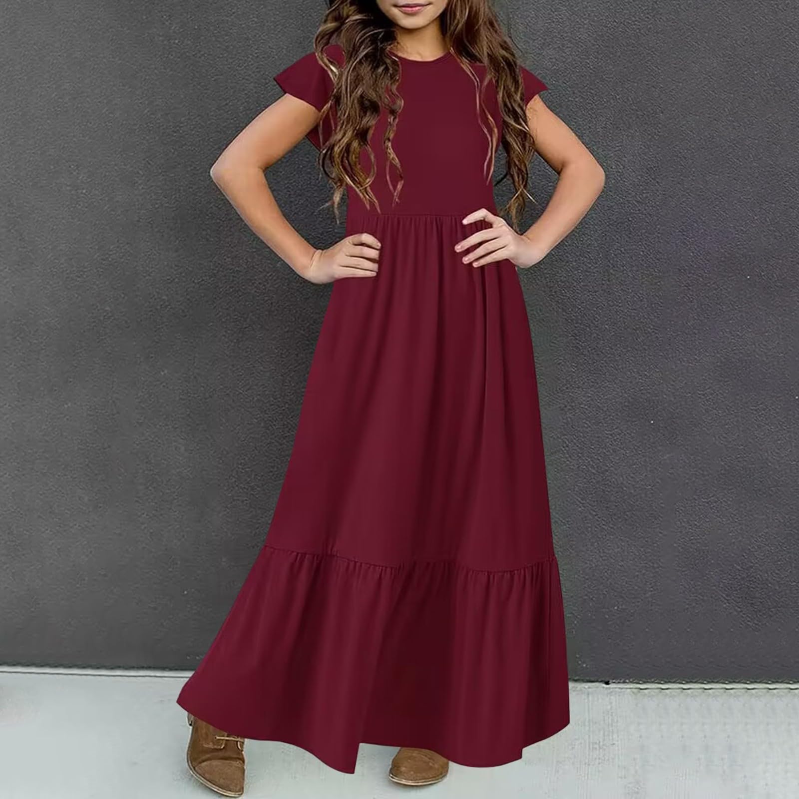 Vestito estivo casual da bambina, con maniche a volant, linea ad A, maxi abito per bambini, morbido e confortevole, con tasche, da spiaggia