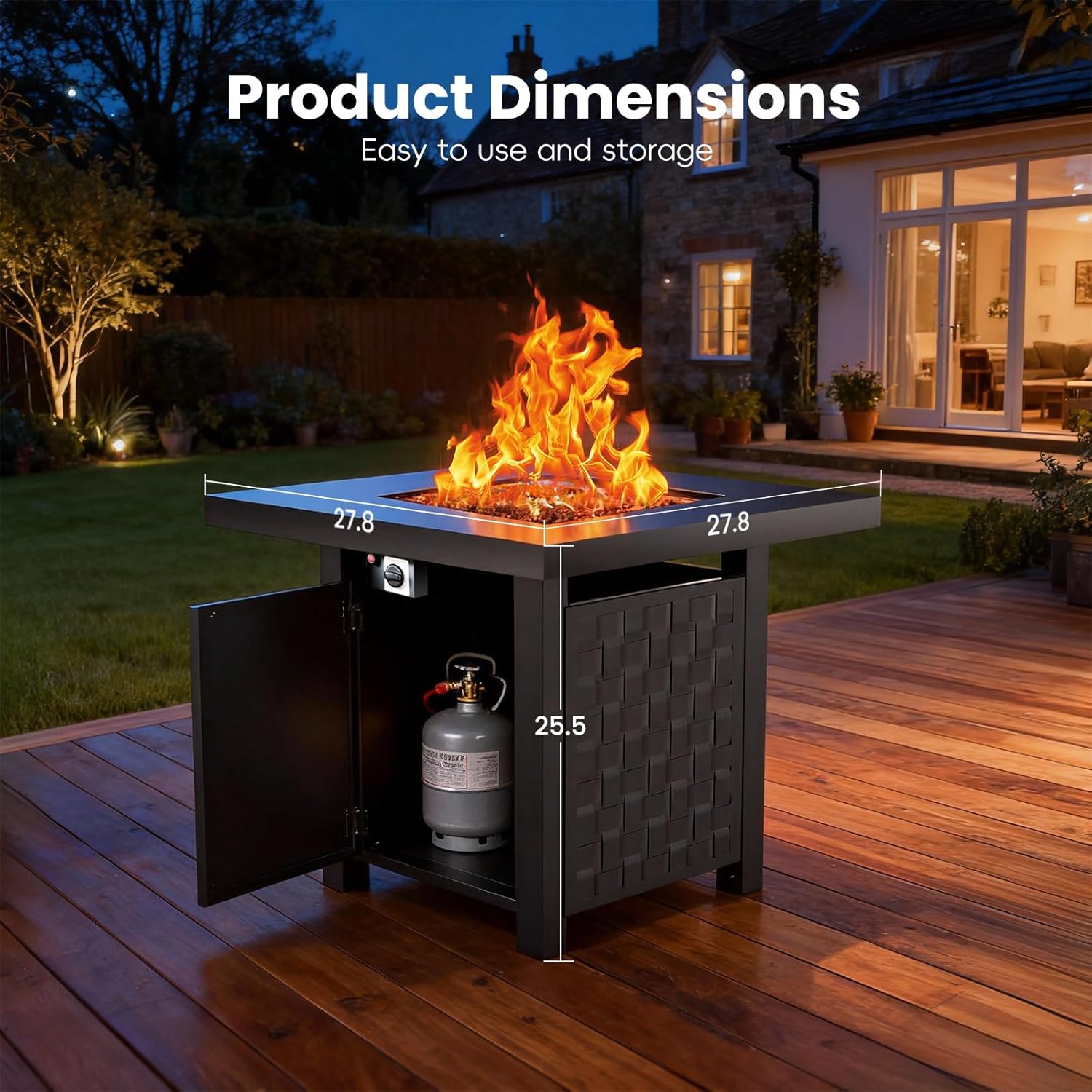 Diagram showing the product dimensions (27.8 inches wide, 25.5 inches high) and the propane tank stored inside the fire pit base.