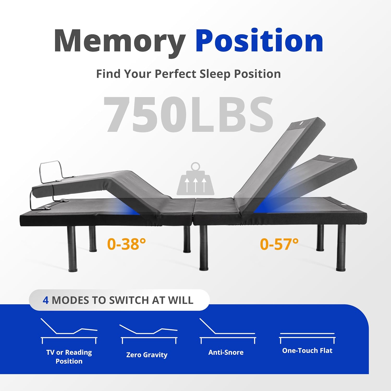 Adjustable bed frame showing head and foot incline angles