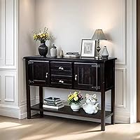 Vista 4 de LKTART Mesa consola de madera maciza estilo granja, mesa de sofá con cajones de almacenamiento y estantes, mesa de entrada para entrada, pasillo