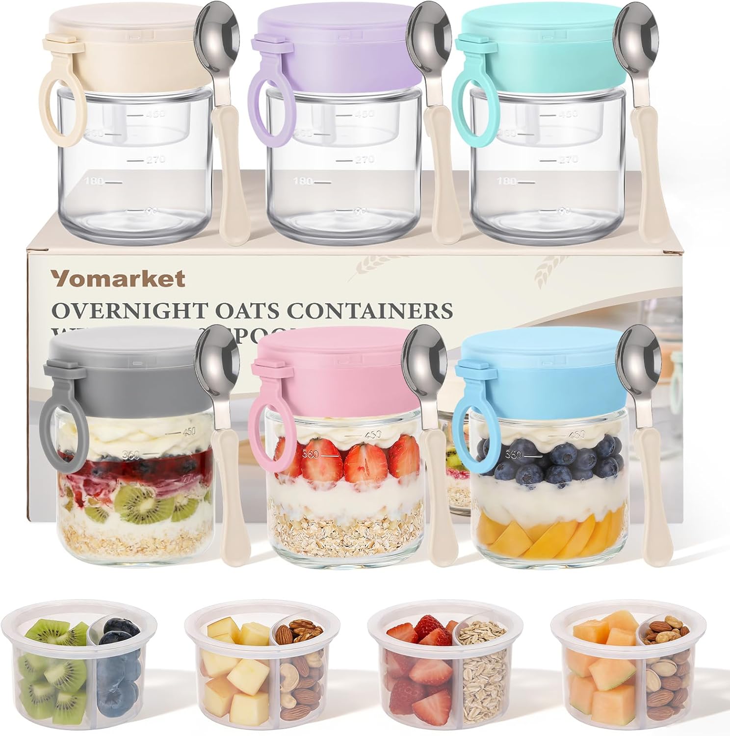 6 Pack Overnight Oats Containers with Lids and Folding Spoon Mason Glass Jars with Divided Compartments 16 oz Food Containers Storage for Meal Prep Chia Pudding Parfait Yogurt