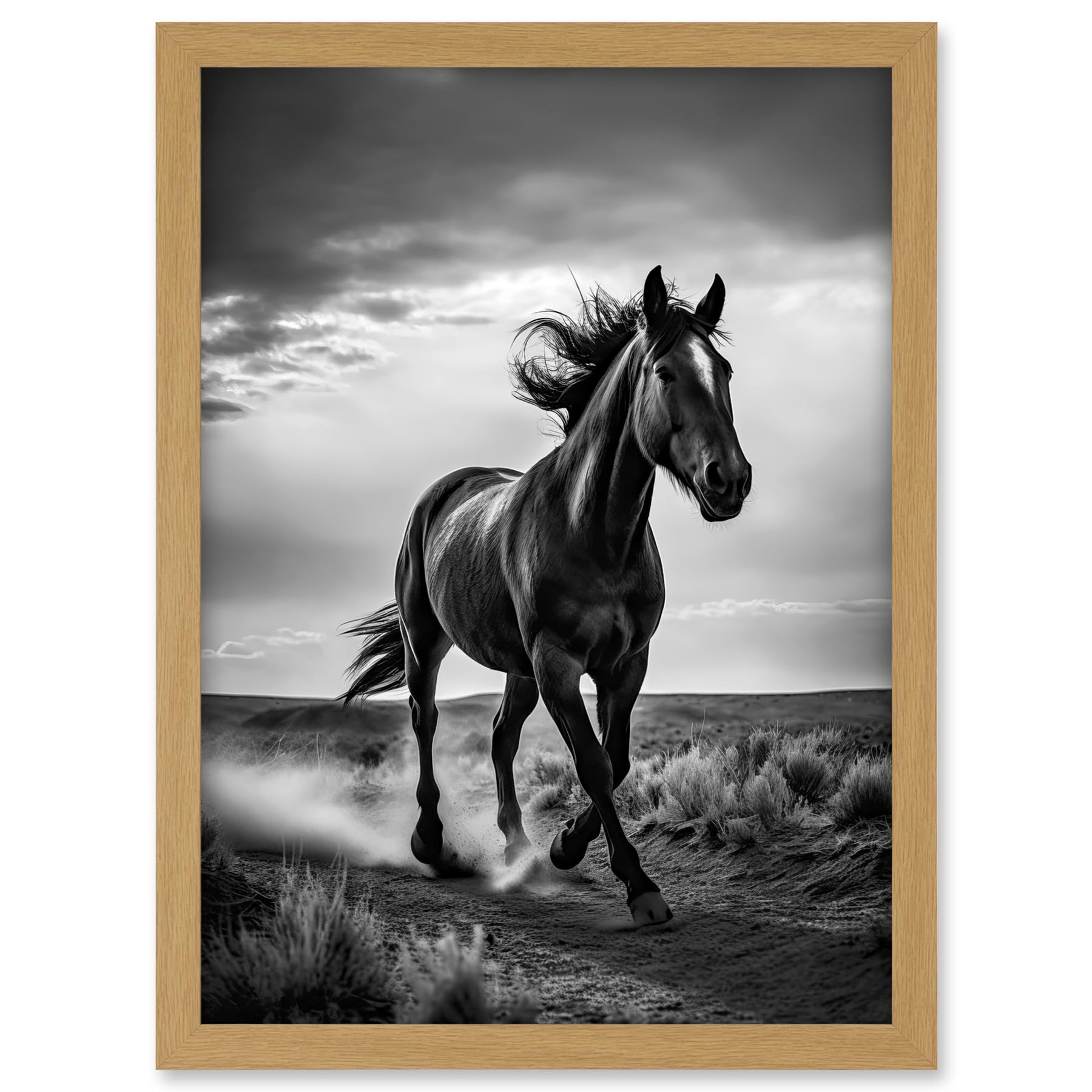 Artery8 Horse Galloping Desert Landscape Black and White Artwork Framed A3 Wall Art Print