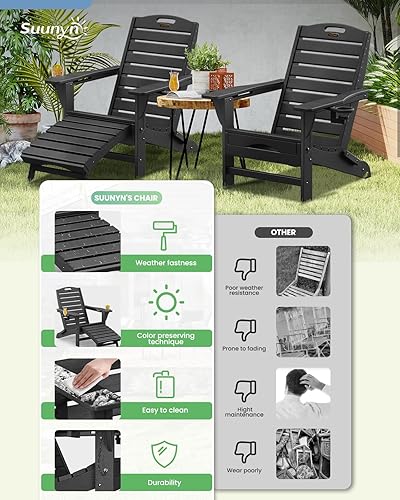 Miniatura 5 de Silla plegable Adirondack con otomana retráctil, resistente a la intemperie, silla de patio con 2 portavasos, silla de jardín al aire libre (negro)