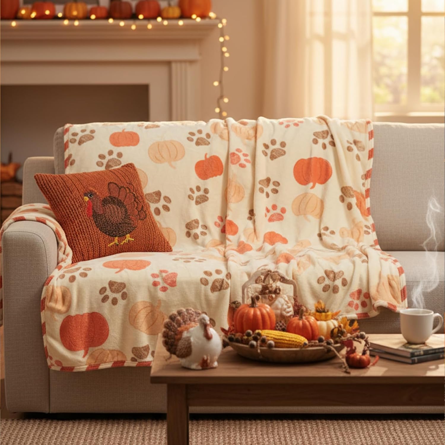 HunnmingRe Fall Flannel Blanket 50 x 60 Inch Pumpkin Cat Dog Paw Pattern Throws Blanket Warm Soft Thanksgiving Lightweight Cozy Gift Holiday for Festival Bed Couch Sofa