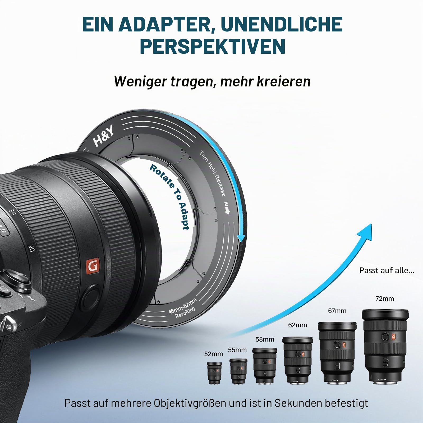 H&Y RevoRing Verstellbarer Step-Up-Ring 52–72 mm auf 77 mm, Variabler Objektivfilter-Adapterring, universelles Step-Up-System passend für 52, 55, 58, 62, 67 und 72 mm, Schwarz
