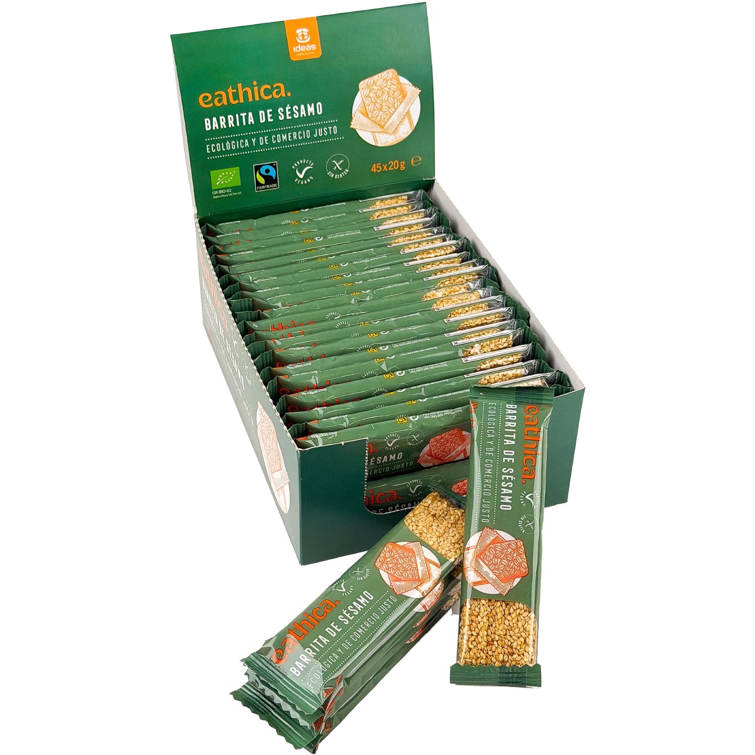 Caja 45x Barritas de Sésamo Bio Eathica 20g | Snack Ecológico y Crujiente | Fuente de Energía Natural | Sin Gluten y Vegano