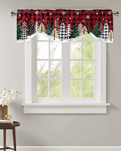 Miniatura 2 de Gogobebe Cortinas de cenefa de amarre para ventana de cocina, diseño de búfalo verde, copos de nieve, color negro, rojo, a cuadros, con bolsillo