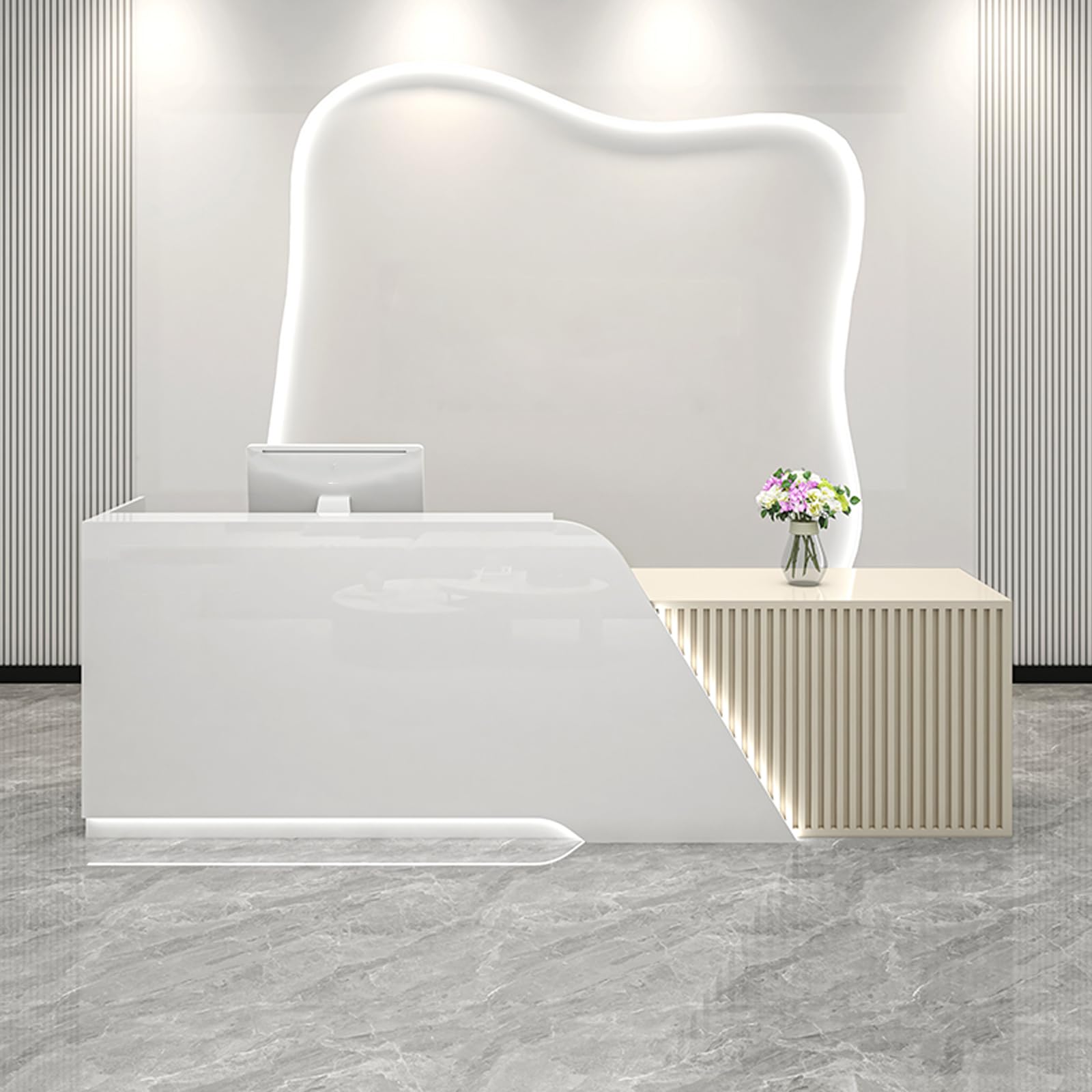 Modern Salon Front Reception Desk with Led Light, Lockable Drawer, Reception Desk with Counter, Retail Checkout Sturdy for Office, Shop, Easy to Install (Beige (Right), 240x60x100cm)