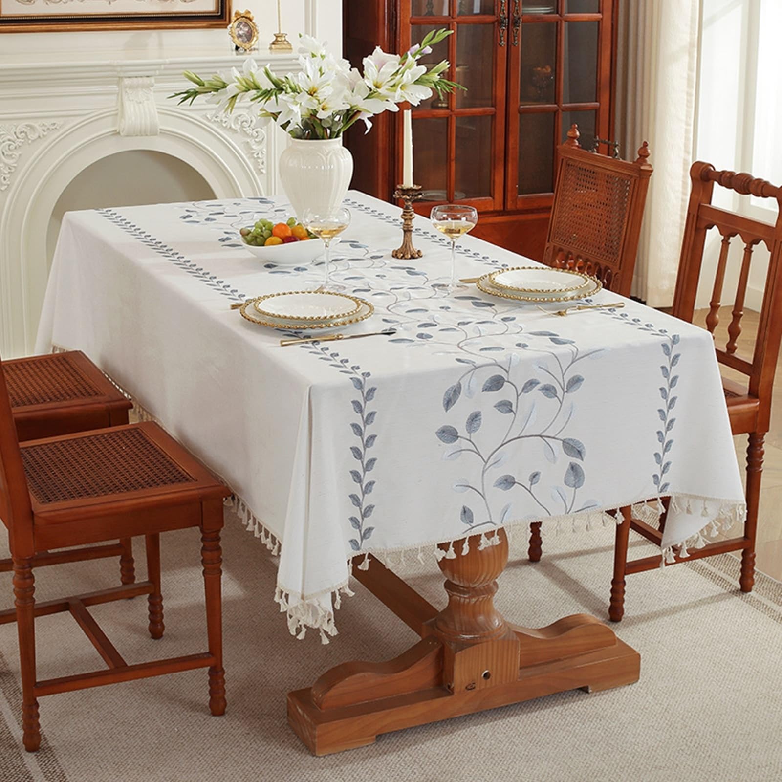 Nappe rectangulaire motif feuilles beige gris 55 x 118 cm
