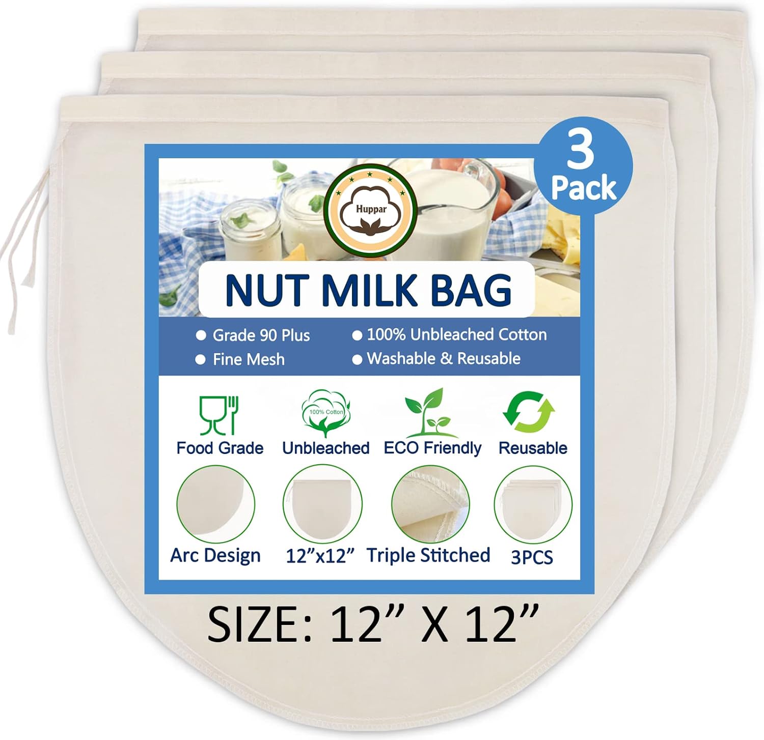 3 Pack 12"x12" Nut Milk Bags 100 Unbleached Cotton, Food Strainer