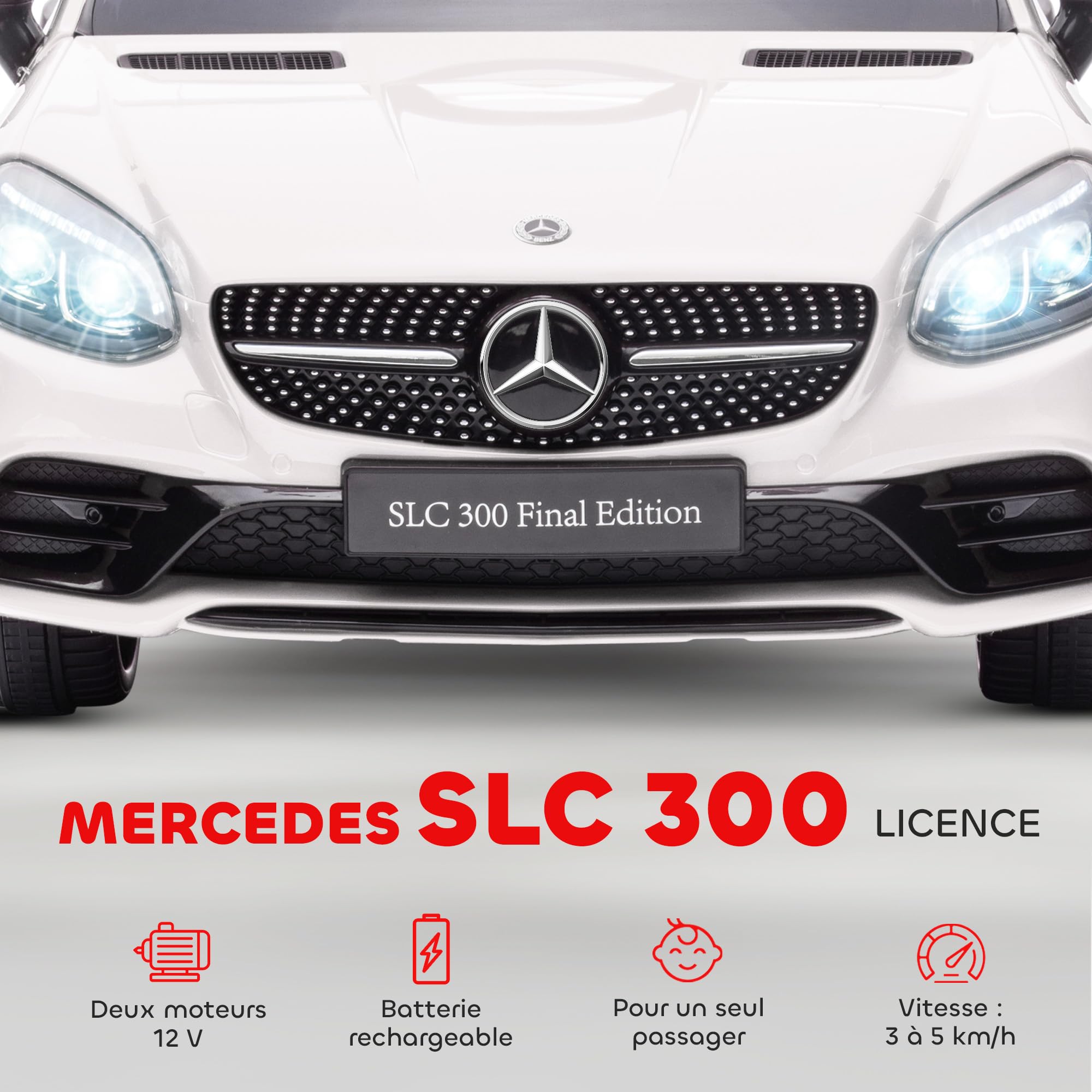 AIYAPLAY Samochód elektryczny dla dzieci Mercedes SLC 300 12V Biały | 5 km/h, efekty dźwiękowe + światło, pilot dla rodziców 2,4G, pojazd elektryczny dla dzieci 3-6 lat