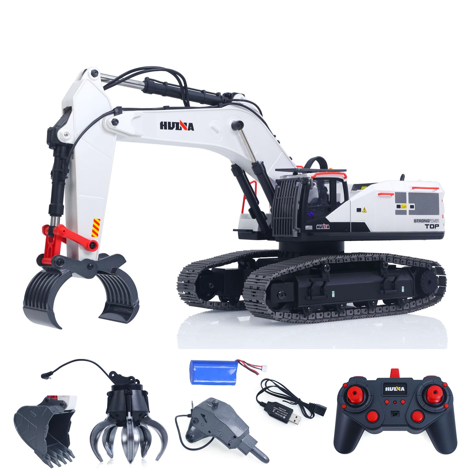 wheelfun Huina, escavatore in metallo, scala 1/14, modello 1594, escavatore radiocomandato con effetti luminosi e sonori, set completo con batteria e cavo di ricarica USB