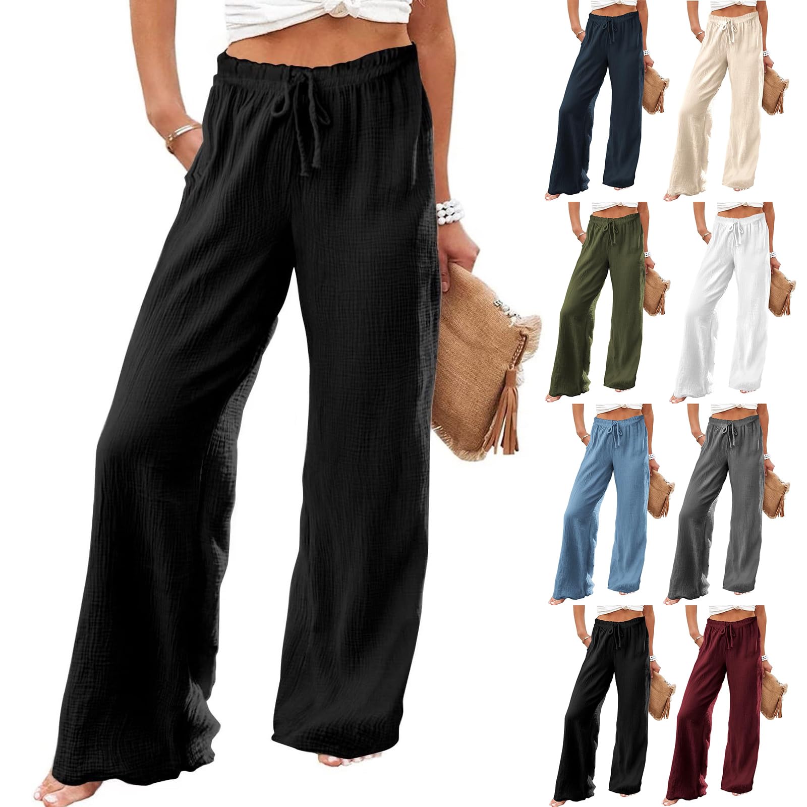 eoeioa Hose mit weitem Bein für Damen, elegante Knopfleiste, hohe Taille, Business-Hose, Sommer, Freizeit, Arbeit, Strand, Hose mit Tasche