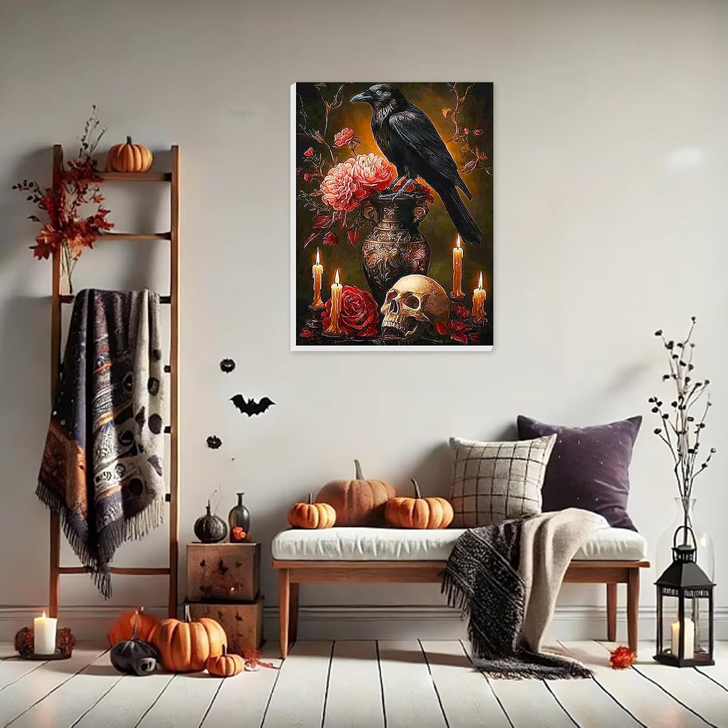 HEIBAGO Halloween Framed Paint by Numbers Kit for Adults, Crow Paint by Numbers for Adults Beginner, Skull Adult Paint by Number Kits on Canvas, painting by numbers for gift home wall decor 12x16 inch