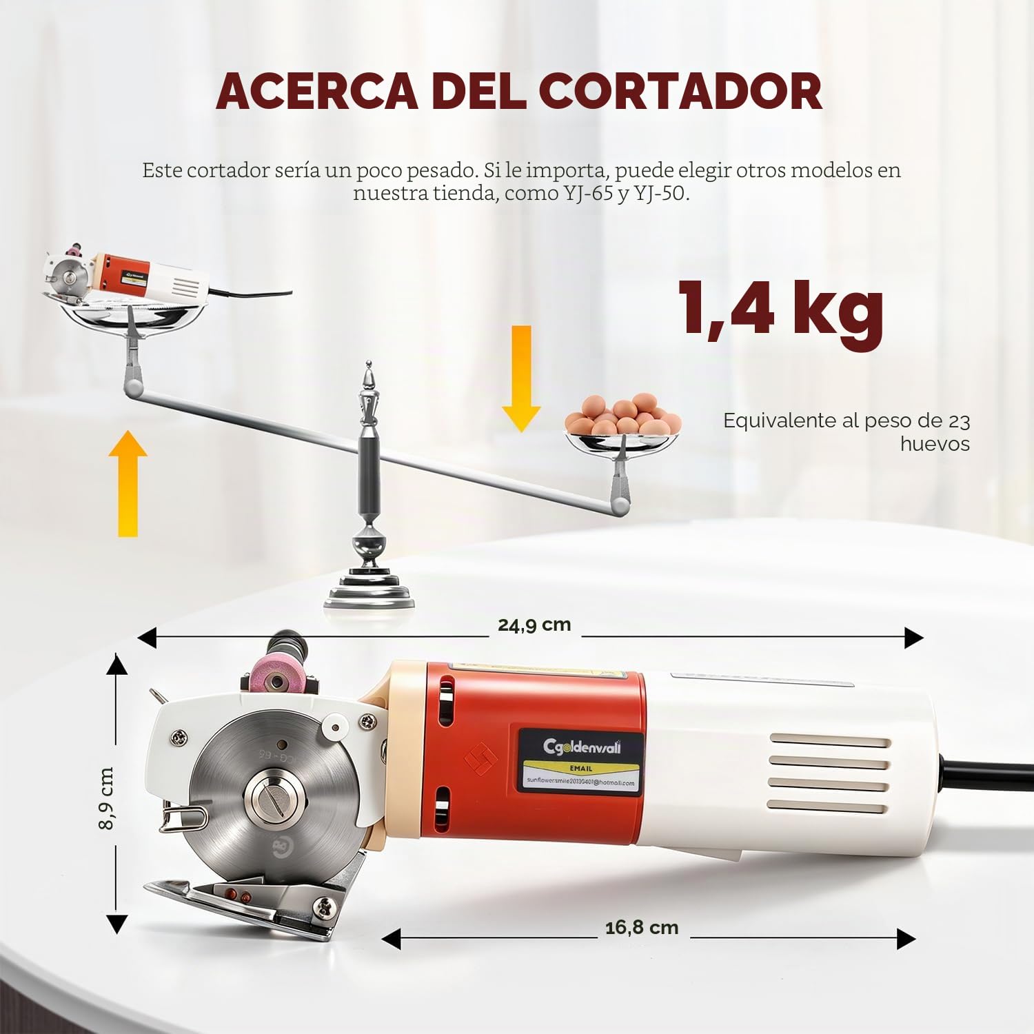 CGOLDENWALL YJ-65 Cortador de Tela Eléctrico con 22mm de Espesor Máx. de Corte, Tamaño de la Cuchilla 65mm, con Función de Afilado Automático, Ideal para Cortar Textil/Cuero/Alfombra
