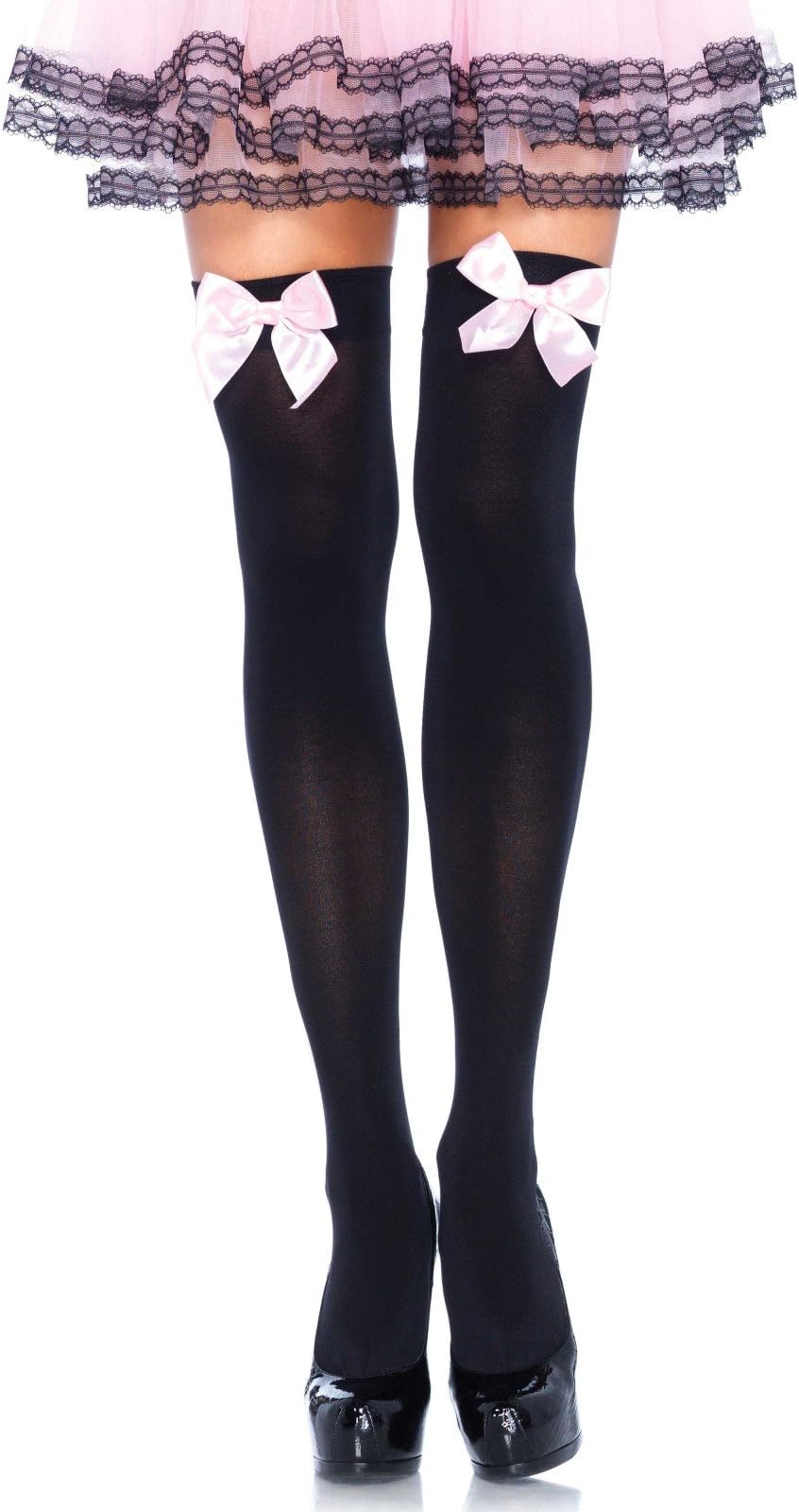 Women's Opaque Thigh High Stockings with Satin Bow, Black/Light Pink, One Size