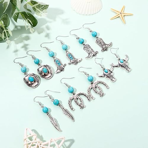 Miniatura 4 de 68 pares de aretes occidentales para mujer, hipoalergénicos a granel, aretes de bota de vaquera con estrella de vaquero, sombrero de herradura,