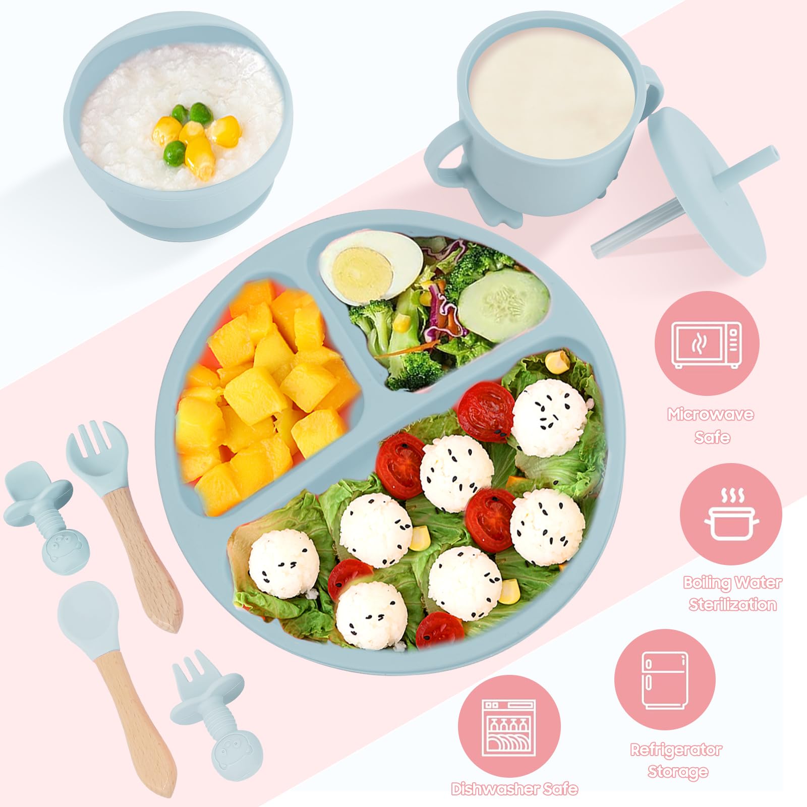 Coffret Repas Bébé TITOU 8 Pièces - Vaisselle Silicone Sans BPA Avec Ventouses