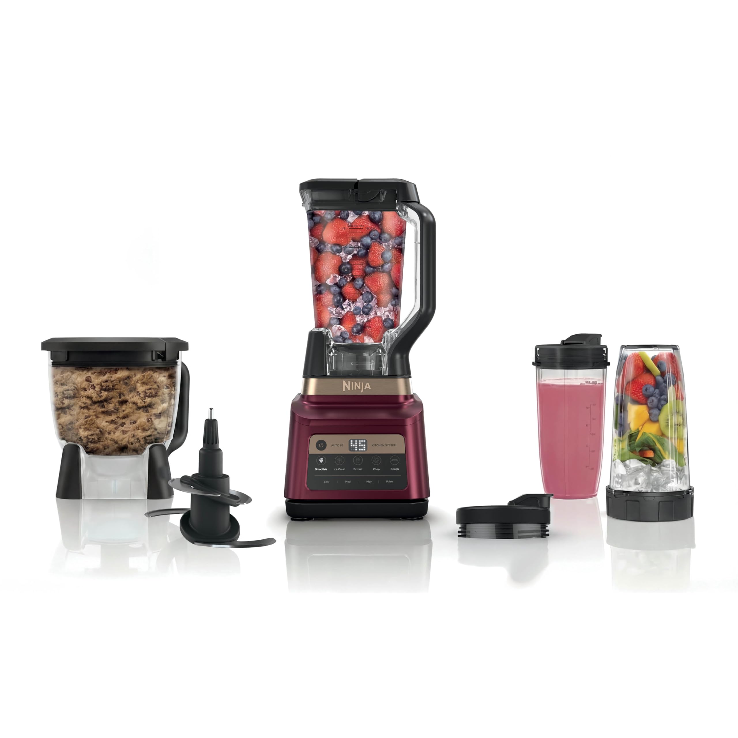 Ninja Professional Plus Kitchen System Premier | 3-in-1 System I 푸드 프로세서, 블렌더, 믹서, 야채 다지기 | Auto IQ Tech I 1400W | 2.04kg(72온스) 피처, 1.9L(64온스) 그릇, 휴대용 컵 2개 | 레드 | BN801RD1BRN
