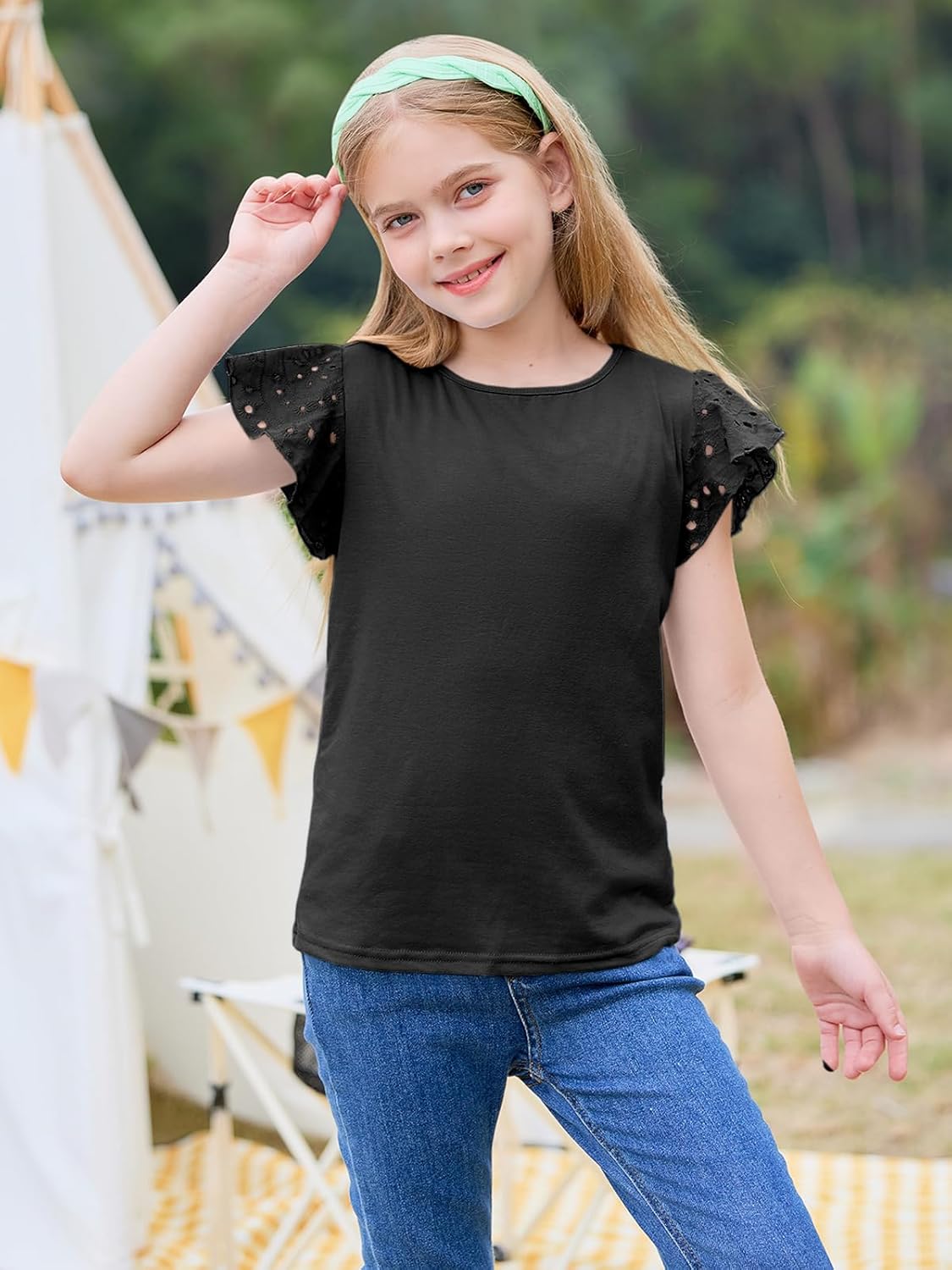 Imily Bela Girls Ruffle Sleeve Shirts Summer Crewneck Eyelet Tee Tops Casual Cute Blouse 4-15 Years - Image 2