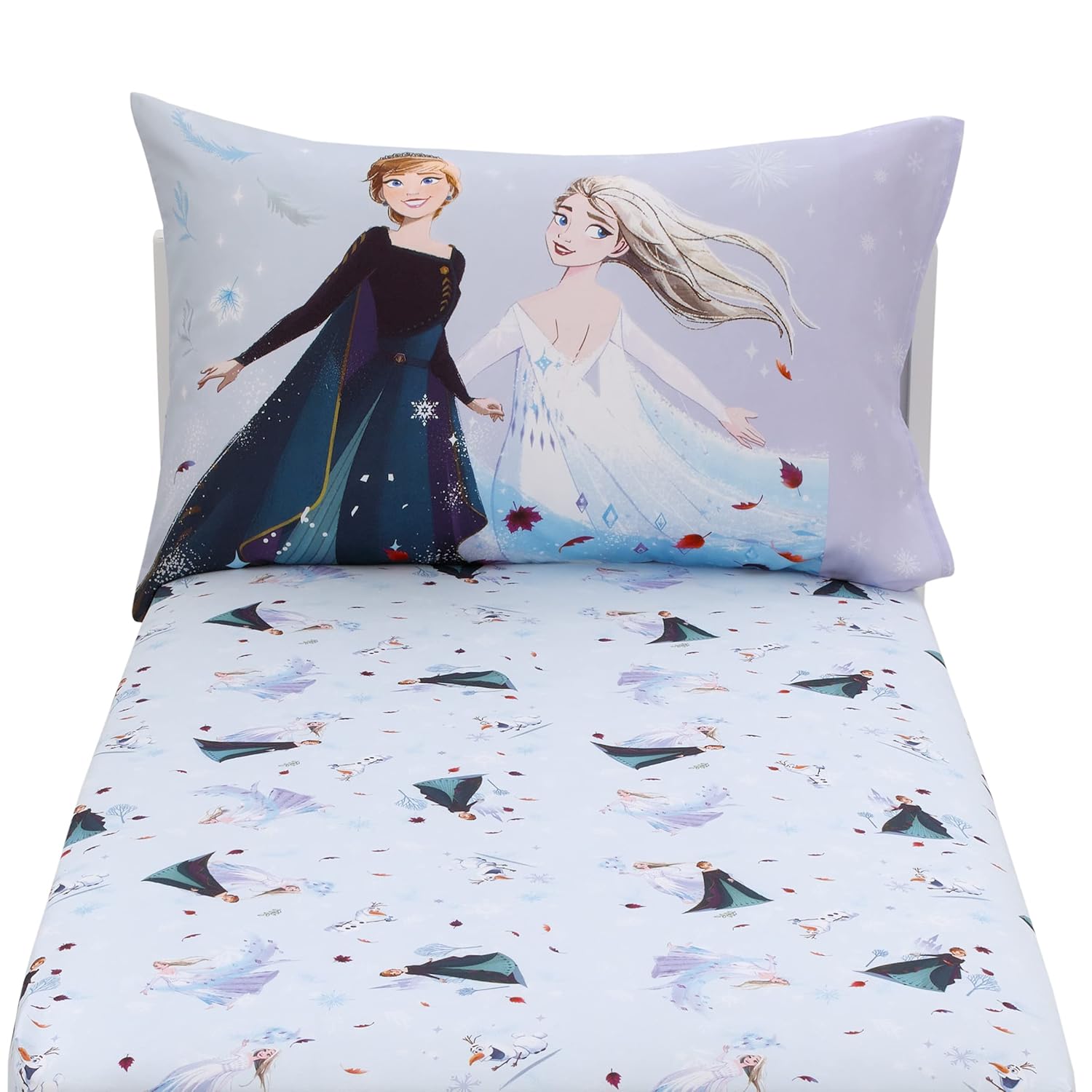 NoJo Disney Frozen Winter Cheer Lavender, Aqua and White Anna, Elsa and Olaf 2 Piece Toddler Sheet Set - Fitted Bottom Sheet and Reversible Pillowcase