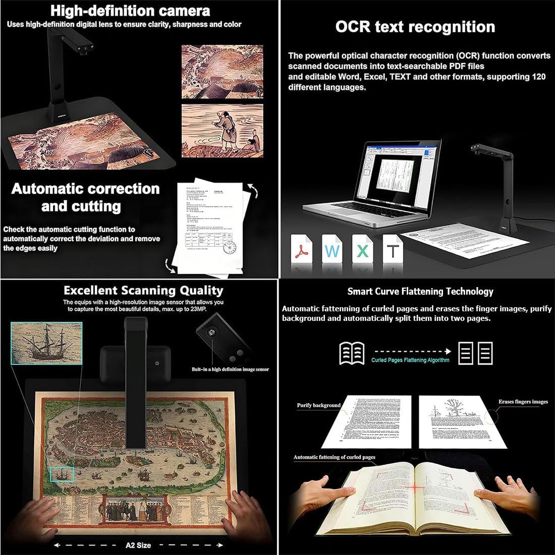 Scanner A2 per Documenti E Libri,Scansione Massimo: A2,Risoluzione Fino a 23 Mp,Smoothing Delle Pagine Doppie Dei Libri E Scansione Automatica Divisa,Riconoscimento Testo Ocr,Windows E Mac