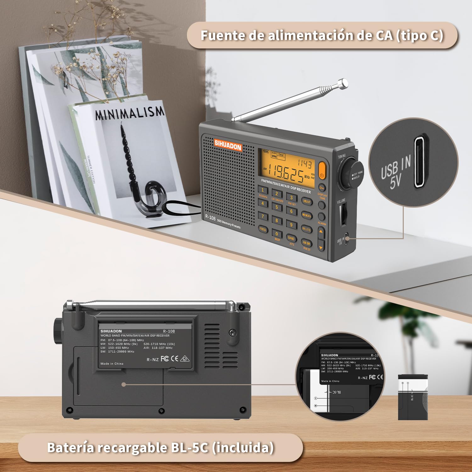 R108 Radio Portatil Pequeña FM Am SW KW MW Banda De Aviación Radio Multibanda con Altavoz Excelente VisualizacióN del Tiempo De RecepcióN RetroiluminacióN De La Radio Digital Gris