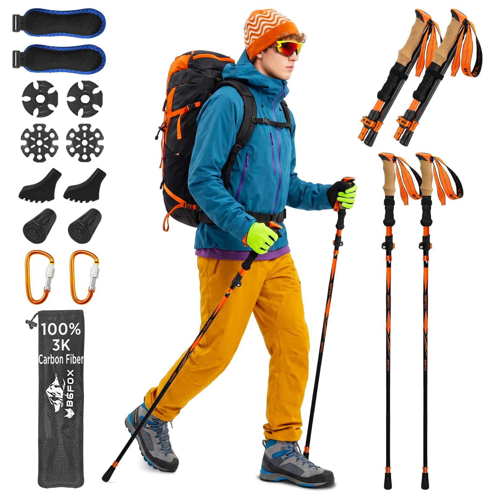 3K Carbon Trekkingstöcke Faltbar, Ultraleicht, 3-Fach Klappbar, Höhenverstellbar mit Korkgriff und Schnellverschluss, Wanderstöcke für Damen und Herren, Orange