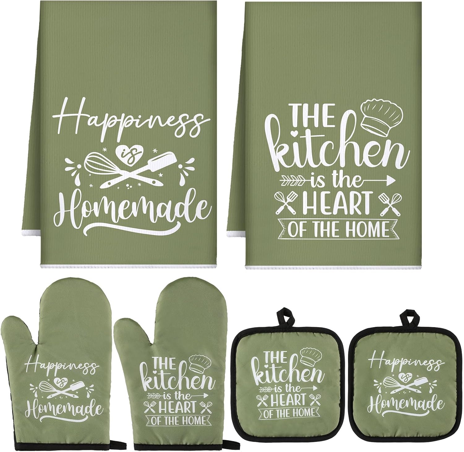 Sratte 6 Pcs Kitchen Decor Accessories Set Farmhouse Towels Pot Holders Oven Mitts Set 2 Dish Towels 2 Potholders 2 Cooking Mittens Oven Glove for Christmas Baking Cooking Supply(Green,Kitchen)